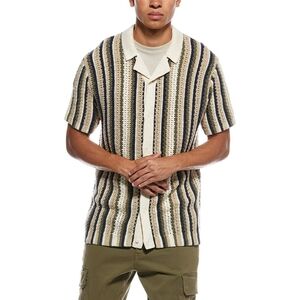 Jason Wu Shirt Tan Stripe Open Knit Button Up Polo Short Sleeve Size XL NEW